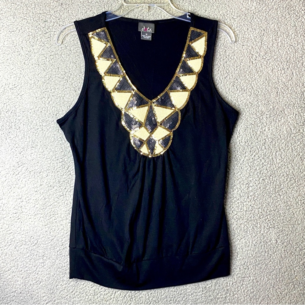 R Dots Sleeveless Womens Top Size M Black Gold Metallic Blouse Shirt